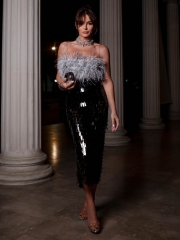 Sleeveless Strap Feathers Top Sequin Skirt Two Piece Sets